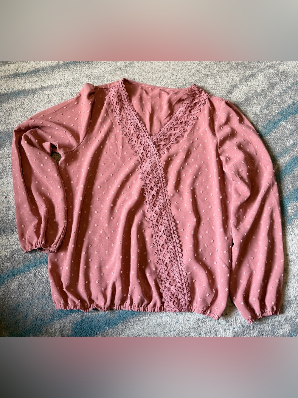 Women's Dusty Rose Lace-Trim V-Neck Blouse Size XL